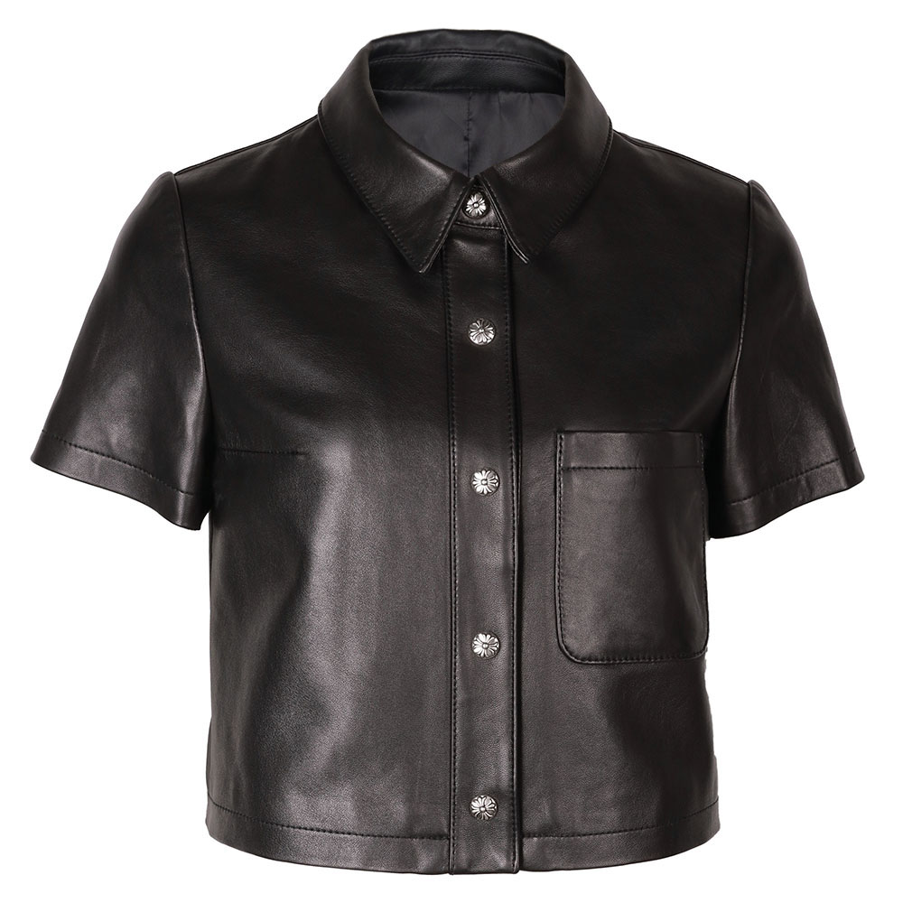 Short Sleeve Single Breasted Short Real Leather Jacket Shirt Women 2022 Autumn New 